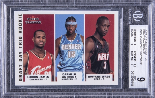 2003-04 Fleer Tradition #300 LeBron James, Carmelo Anthony and Dwyane Wade "Draft Day" Trio Rookie Card (#204/375) – BGS MINT 9
